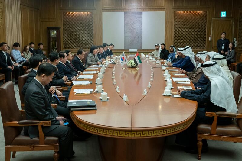 SEOUL, REPUBLIC OF KOREA (SOUTH KOREA)  - February 26, 2019: HH Sheikh Mohamed bin Zayed Al Nahyan, Crown Prince of Abu Dhabi and Deputy Supreme Commander of the UAE Armed Forces (6th R) attends a meeting with HE Moon Hee-sang, Speaker of the National Assembly (7th L), at the National Assembly Building of the Republic of Korea (South Korea). Seen with HE Dr Anwar bin Mohamed Gargash, UAE Minister of State for Foreign Affairs, HE Hussain Ibrahim Al Hammadi, UAE Minister of Education, HE Noura Mohamed Al Kaabi, UAE Minister of Culture and Knowledge Development and HE Abdullah Saif Al Nuaimi, Ambassador of the UAE to South Korea and other dignitaries. .

( Hamad Al Mansoori / Ministry of Presidential Affairs )
---