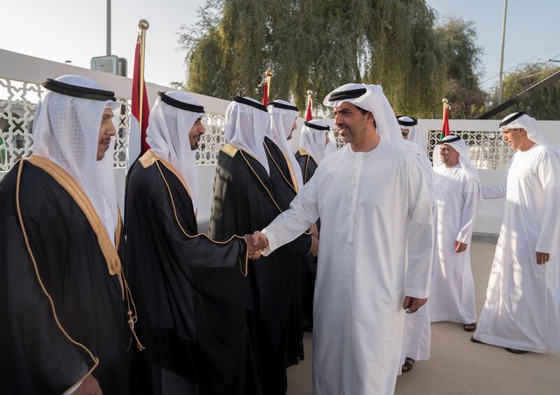ABU DHABI, UNITED ARAB EMIRATES -November 23, 2017: HH Sheikh Hamed bin Zayed Al Nahyan, Chairman of the Crown Prince Court of Abu Dhabi and Abu Dhabi Executive Council Member (R), attends a mass wedding held at Majlis Al Zaab.

( Mohamed Al Raeesi for Crown Prince Court - Abu Dhabi )

---