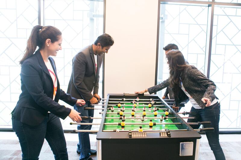 DUBAI, UNITED ARAB EMIRATES, 2 FEB 2016. 
Millenials playing foosball at Rove Hotel.

Emirates NBD today announce the launch of Liv., UAE's first digital bank targeting millenials.

Photo: Reem Mohammed / The National (Reporter: Michael Fahy / Section: BZ) ID 22639 *** Local Caption ***  RM_20160202_bz_LIV _004.JPG