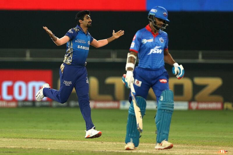 Jasprit Bumrah of Mumbai Indians celebrates the wicket of Shikhar Dhawan of Delhi Capitals during the qualifier 1 match of season 13 of the Dream 11 Indian Premier League (IPL) between the Mumbai Indians and the Delhi Capitals held at the Dubai International Cricket Stadium, Dubai in the United Arab Emirates on the 5th November 2020.  Photo by: Ron Gaunt  / Sportzpics for BCCI