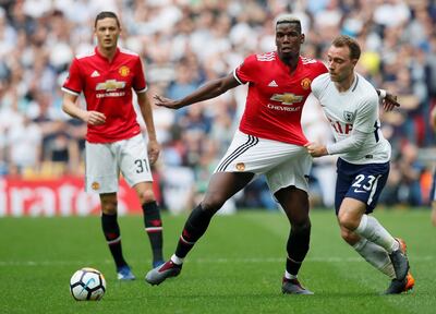 Soccer Football -  FA Cup Semi-Final - Manchester United v Tottenham Hotspur  - Wembley Stadium, London, Britain - April 21, 2018   Manchester United's Paul Pogba in action with Tottenham's Christian Eriksen   REUTERS/David Klein     TPX IMAGES OF THE DAY