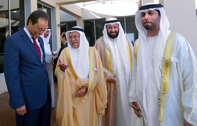 Saudi oil minister Ali Al-Naimi (second left) with UAE Energy Minister Suhail Al Mazrouei (right) during the opening session of the 10th Arab Energy Conference in Abu Dhabi. AFP
