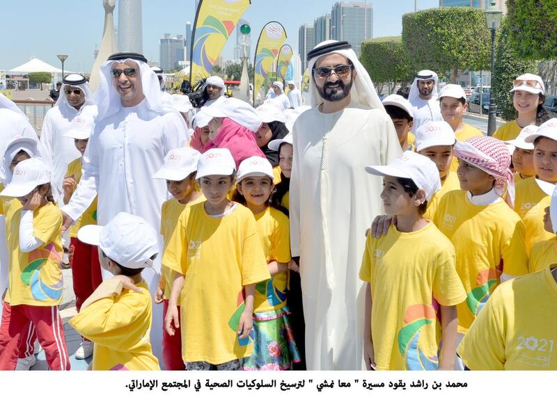 Sheikh Mohammed bin Rashid, Prime Minister and Ruler of Dubai, and Sheikh Saif bin Zayed, Deputy Prime Minister and Minister of Interior,  lead the ‘Let’s Walk’ march at the Abu Dhabi Corniche. The walk was part of the Healthy Children 2021 campaign. Wam