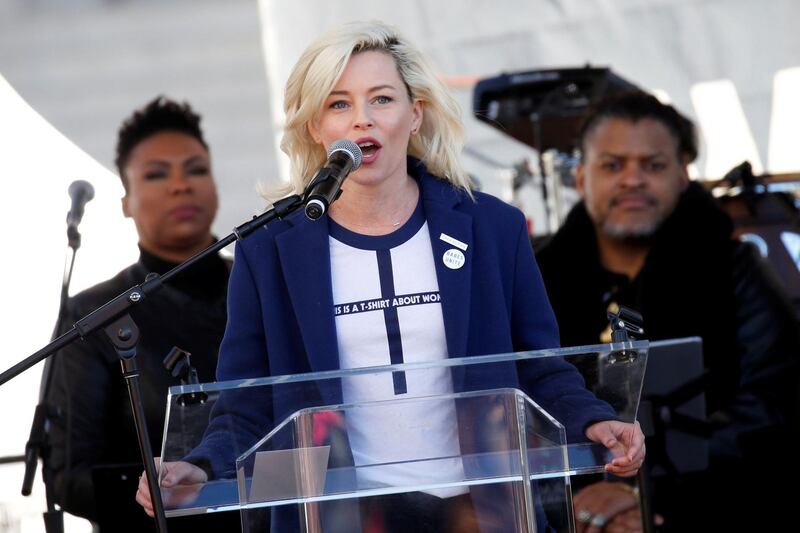 Actress Elizabeth Banks speaks at the second annual Women's March in Los Angeles. Patrick T Fallon / Reuters