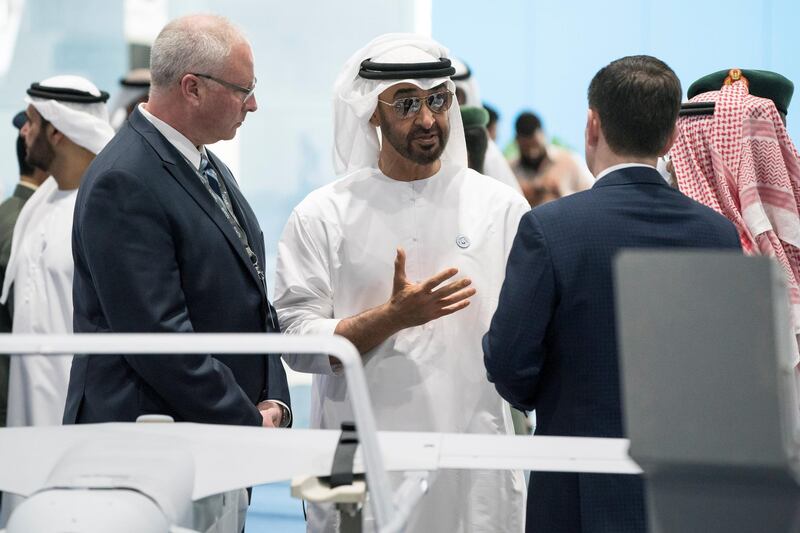 ABU DHABI, UNITED ARAB EMIRATES - February 27, 2018: HH Sheikh Mohamed bin Zayed Al Nahyan, Crown Prince of Abu Dhabi and Deputy Supreme Commander of the UAE Armed Forces (C), tours the Unmanned Systems Exhibtion and Conference (UMEX) 2018 at the Abu Dhabi National Exhibition Centre (ADNEC).  
( Ryan Carter for the Crown Prince Court - Abu Dhabi )
---