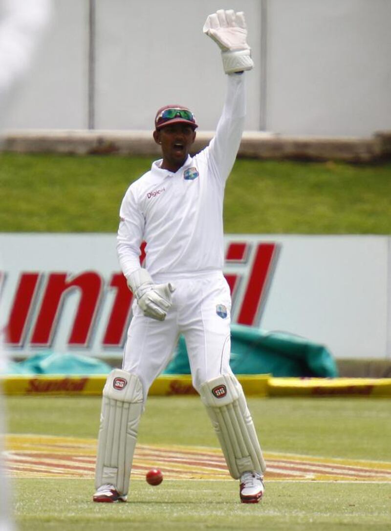 West Indies captain Denesh Ramdin appeals for a wicket during the third day of the second Test against South Africa in Port Elizabeth on December 28, 2014. Michael Sheehan / AP Photo