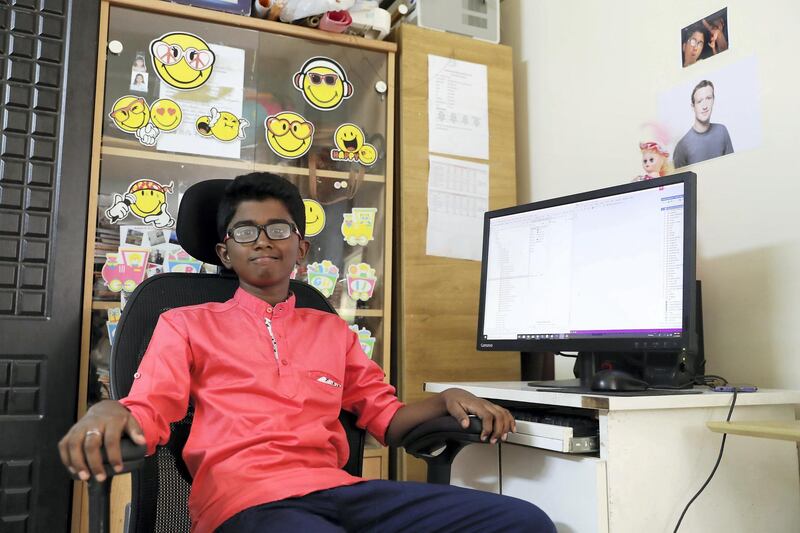 DUBAI,  UNITED ARAB EMIRATES , May 7 – 2019 :-  Aadithyan Rajesh who has started his own software at his home in Al Qusais area in Dubai. ( Pawan Singh / The National ) For POAN. Story by Anna