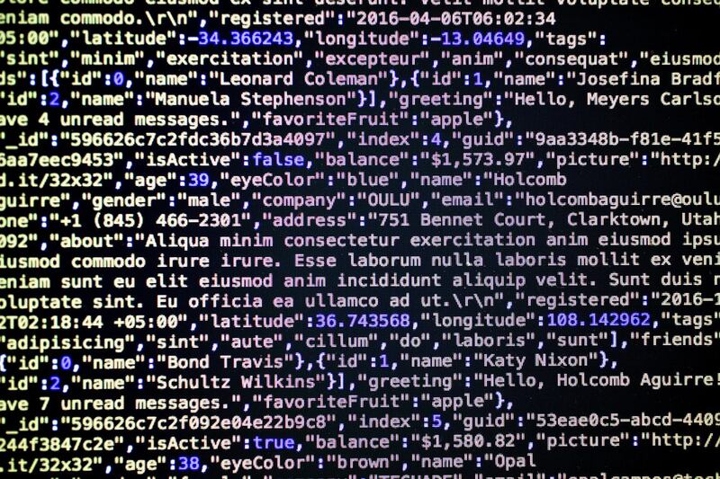 A sample of JSON (JavaScript Object Notation) computer code is displayed on a monitor for a photograph in Tiskilwa, Illinois, U.S., on Wednesday, July 12, 2017. JSON is a lightweight data-interchange format. Photographer: Daniel Acker/Bloomberg