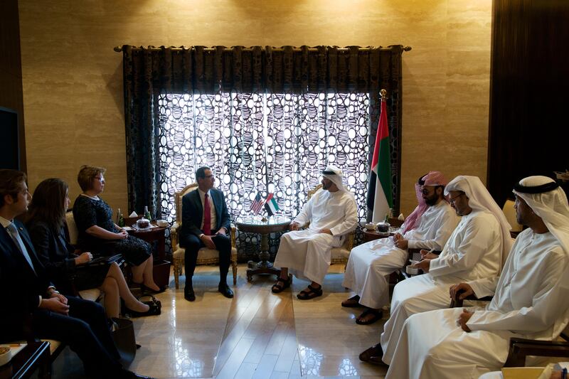 ABU DHABI, UNITED ARAB EMIRATES - October 29, 2017: HH Sheikh Mohamed bin Zayed Al Nahyan Crown Prince of Abu Dhabi Deputy Supreme Commander of the UAE Armed Forces (4th R), meets with Steven Mnuchin, Secretary of the Treasury of the United States of America (5th R), at Al Shati Palace. Seen with HE Mohamed Mubarak Al Mazrouei, Undersecretary of the Crown Prince Court of Abu Dhabi (R), HE Dr Anwar bin Mohamed Gargash, UAE Minister of State for Foreign Affairs (2nd R), HH Sheikh Tahnoon bin Zayed Al Nahyan, UAE National Security Advisor (3rd R) and HE Barbara Leaf, Ambassador of the United States of America to the UAE (6th R). 

( Mohamed Al Hammadi / Crown Prince Court - Abu Dhabi )
---