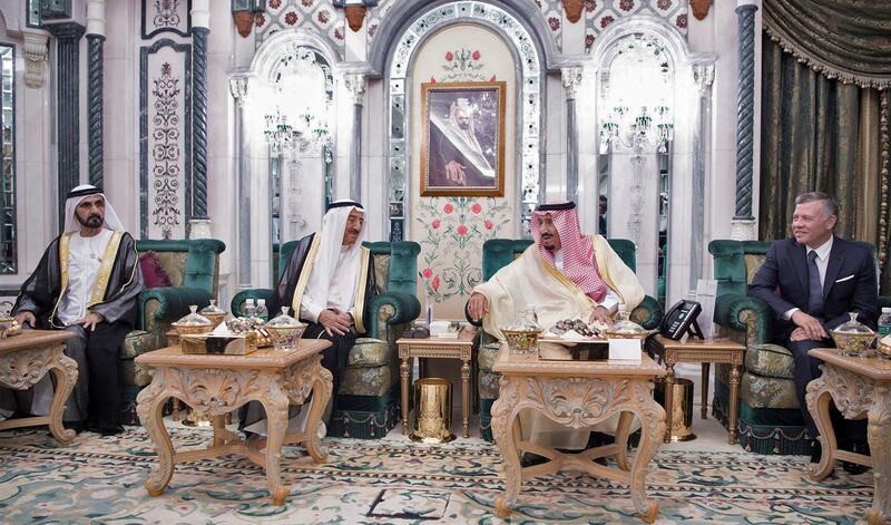 This handout picture released by the Saudi Royal Palace on June 11, 2018, shows Jordanian King Abdullah II (1st-R) attending a meeting in Mecca with with Saudi King Salman bin Abdulaziz (2nd-R), Kuwait Emir Sheikh Sabah al-Ahmad al-Jaber al-Sabah (2nd-L) and UAE's vie-president Sheikh Mohammed bin Rashid al-Maktoum (1st-L). (Photo by Bandar AL-JALOUD / Saudi Royal Palace / AFP) / RESTRICTED TO EDITORIAL USE - MANDATORY CREDIT "AFP PHOTO / SAUDI ROYAL PALACE / YOUSSEF ALLAN" - NO MARKETING NO ADVERTISING CAMPAIGNS - DISTRIBUTED AS A SERVICE TO CLIENTS