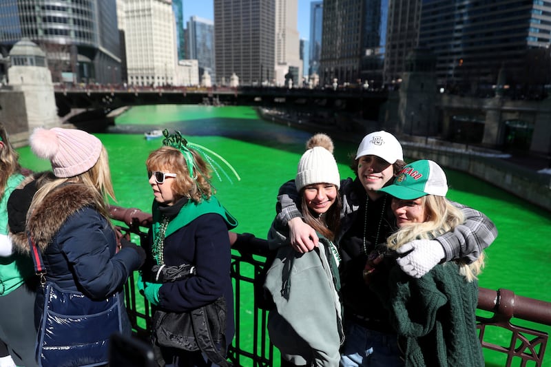 The Chicago River is dyed green for the St Patrick's Day parade, 2022. AP