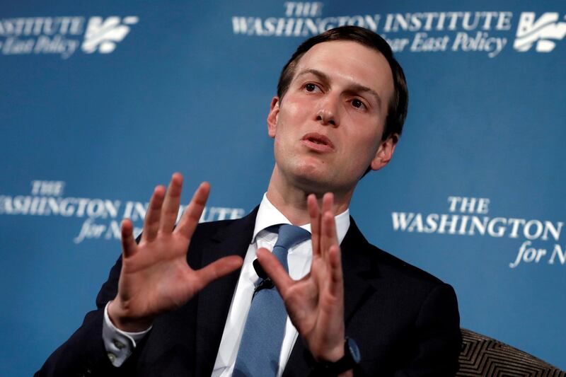 FILE PHOTO: White House senior adviser Jared Kushner, U.S. President Donald Trump's son-in-law, speaks during a discussion on "Inside the Trump Administration's Middle East Peace Effort" at a dinner symposium of the Washington Institute for Near East Policy (WINEP) in Washington, U.S., May 2, 2019. REUTERS/Yuri Gripas/File Photo