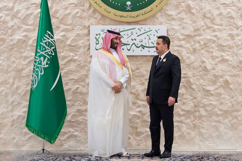 Saudi Crown Prince Mohammed bin Salman and Iraqi Prime Minister Mohammed Shia Al Sudani in Jeddah. Reuters