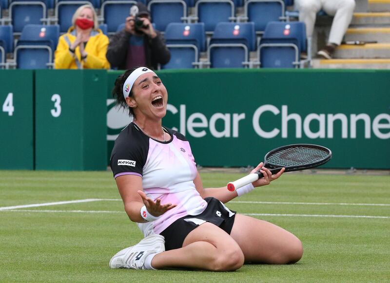 Ons Jabeur celebrates defeating Daria Kasatkina in the Birmingham Classic final at Edgbaston Priory Club in England on Sunday, June 20.