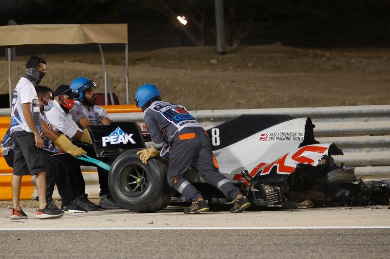 The destroyed car of Romain Grosjean. AP