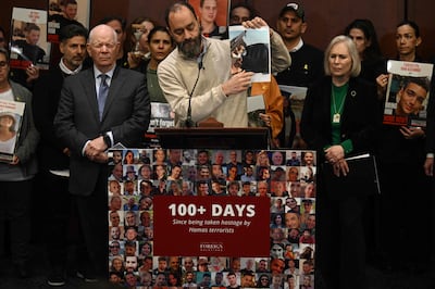 Jonathan Polin, father of Israeli hostage Hersh Goldberg-Polin, during a bipartisan press conference by legislators in Washington, DC, on Wednesday. AFP