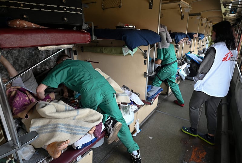A Doctors Without Borders team at work on medical evacuation train. AFP