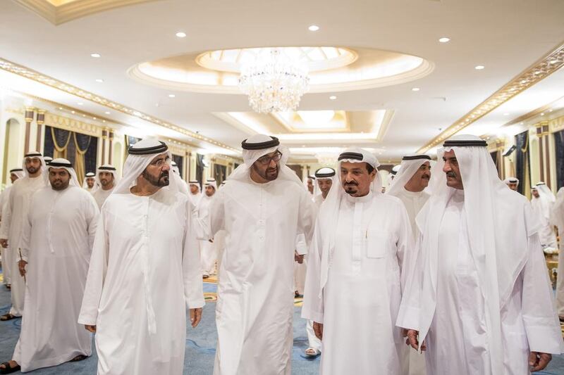 Sheikh Mohammed bin Zayed, Crown Prince of Abu Dhabi and Deputy Supreme Commander of the Armed Forces, third left, hosts an iftar reception at Mushrif Palace. Seen with him are Sheikh Hamad bin Mohammed Al Sharqi, Ruler of Fujairah (right), Sheikh Saud bin Rashid Al Mu’alla, Ruler of Umm Al Quwain, second right, Sheikh Humaid bin Rashid Al Nuaimi, Ruler of Ajman (third right), Sheikh Mohammed bin Hamad Al Sharqi, Crown Prince of Fujairah (left), and Sheikh Mohammed bin Rashid, Vice President and Ruler of Dubai, left. Mohamed Al Hammadi / Crown Prince Court - Abu Dhabi