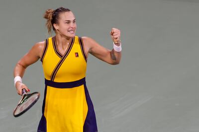 Aryna Sabalenka celebrates her win against Elise Mertens. Reuters