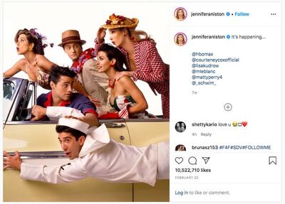 Jennifer Aniston's February Instagram post announcing the reunion has more than 10 million likes. Instagram 