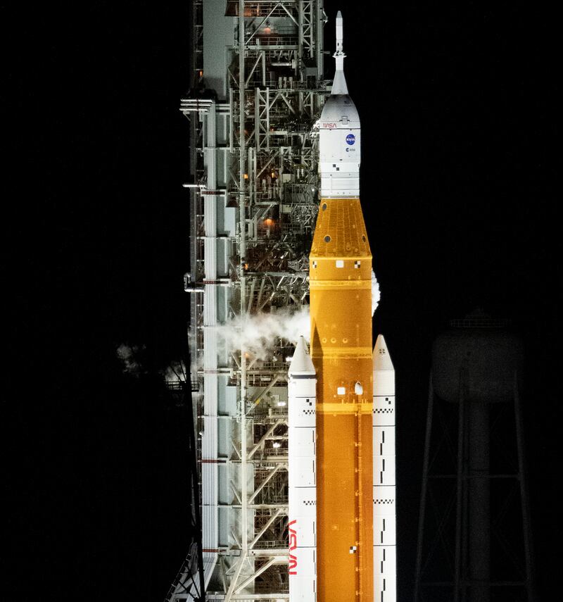 The Orion spacecraft sits atop a Space Launch System rocket at the centre in Florida. 