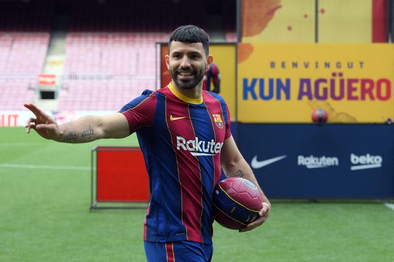 Former Manchester City player Sergio Aguero during his official presentation as Barcelona player. AFP