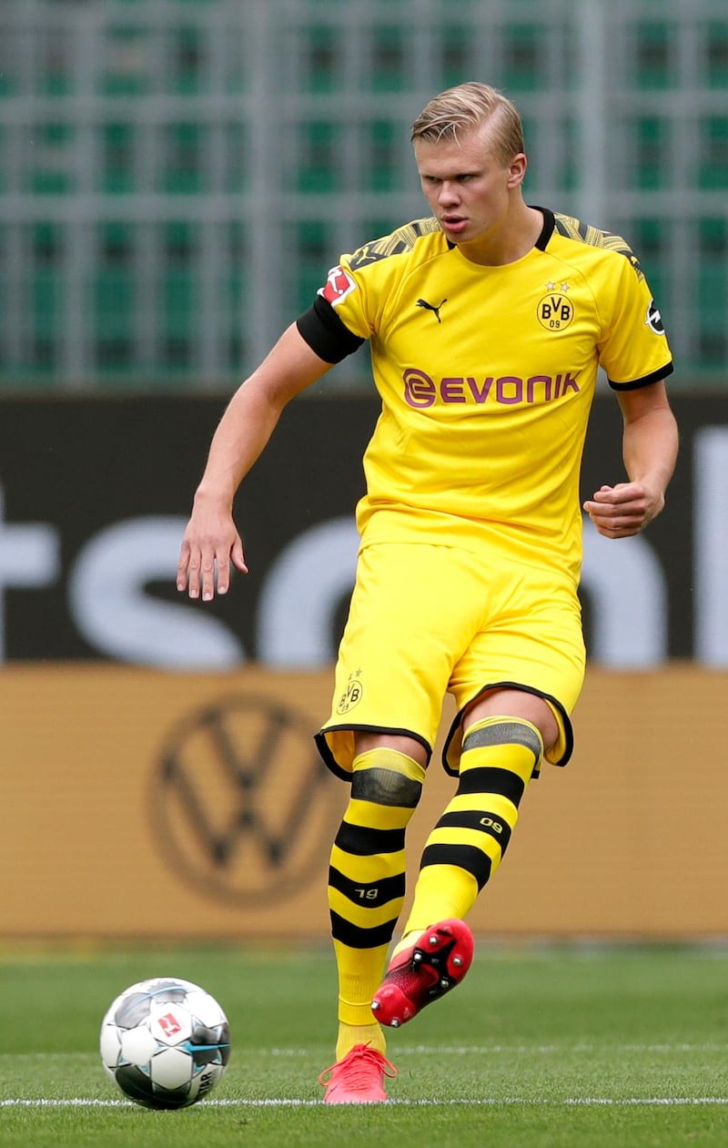 Borussia Dortmund's Erling Haaland warms up prior to the match against Wolfsburg on Saturday. EPA