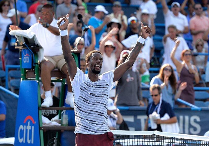 Gael Monfils of France celebrates after his victory over Ivo Karlovic in the Washington ATP final on Sunday. Grant Halverson / Getty Images / AFP / July 24, 2016