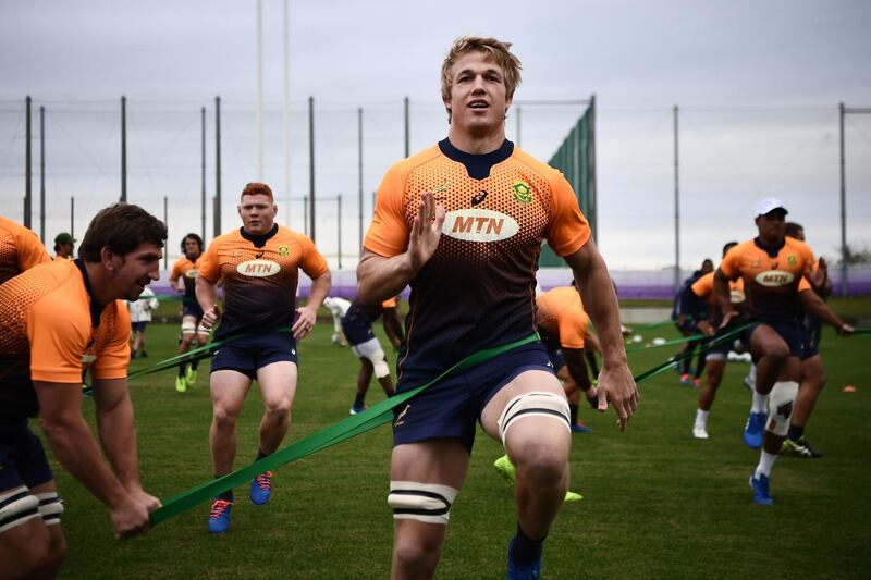 South Africa's flanker Pieter-Steph Du Toit takes part in a training session Fuchu Asahi Football Park in Tokyo ahead of their Japan 2019 Rugby World Cup semi-final against Wales. AFP
