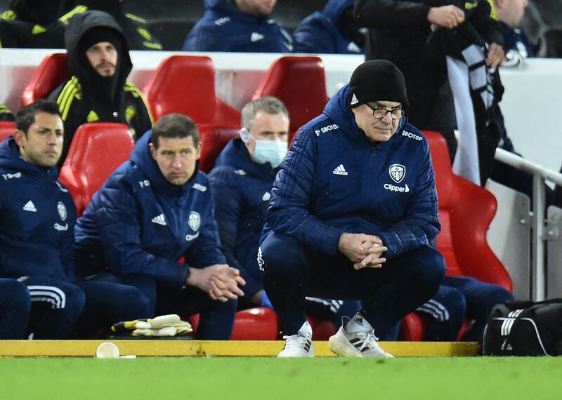 Leeds United manager Marcelo Bielsa on the touchline during his side's 6-0 thrashing by Liverpool in the Premier League on Wednesday, February 23, 2022. Reuters