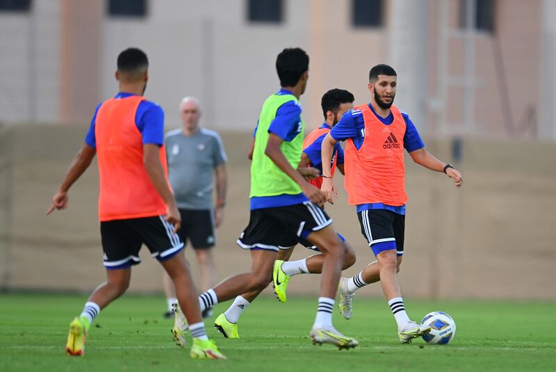 Al Hassan Saleh on the ball during a UAE training session.