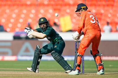 Pakistan's Saud Shakeel reached 50 off just 32 balls on his way to 68 runs against Netherlands. AP