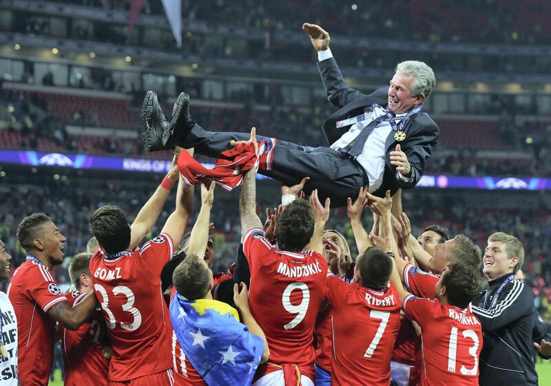 LONDON, ENGLAND - MAY 25:  Head Coach Jupp Heynckes of Bayern Muenchen is thrown into the air by his players after winning the UEFA Champions League final match against Borussia Dortmund at Wembley Stadium on May 25, 2013 in London, United Kingdom.  (Photo by Alex Livesey/Getty Images)