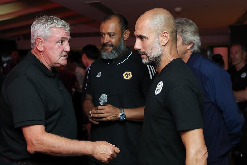 SHANGHAI, CHINA - JULY 19: Manager of Manchester City FC Pep Guardiola, Nuno Espirito Santo, Manager of Wolverhampton Wanderers, head coach Manuel Pellegrini of West Ham United and Manager of Newcastle United F.C. Steve Bruce attends cocktail reception to celebrate the Premier League Asia Trophy, the youth tournament and showcase the wider football development work in China during the Premier League Asia Trophy on July 19, 2019 in Shanghai, China.  (Photo by Lintao Zhang/Getty Images for Premier League)
