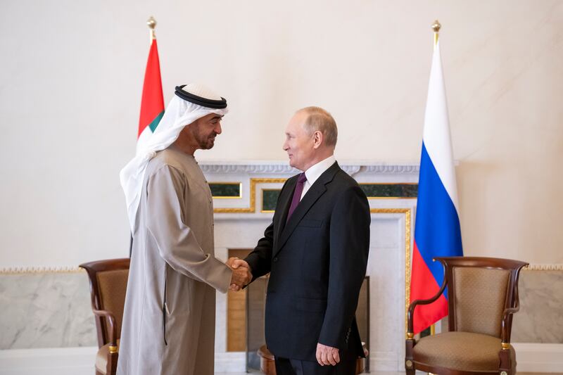 President Sheikh Mohamed meets Vladimir Putin at the Constantine Palace in Saint Petersburg. Hamad Al Kaabi / UAE Presidential Court