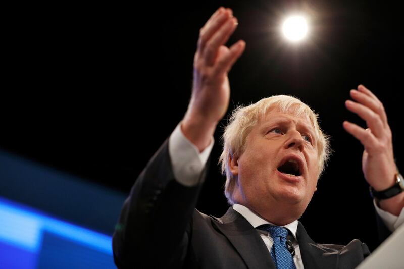 Britain's Foreign Secretary Boris Johnson addresses the Conservative Party conference in Manchester, October 3, 2017. REUTERS/Phil Noble