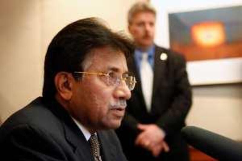 Former Pakistani President Pervez Musharraf speaks at a news conference Monday, March 15, 2010, in Portland, Ore.. (AP Photo/Rick Bowmer) *** Local Caption ***  PD104_Musharraf_Visit.jpg