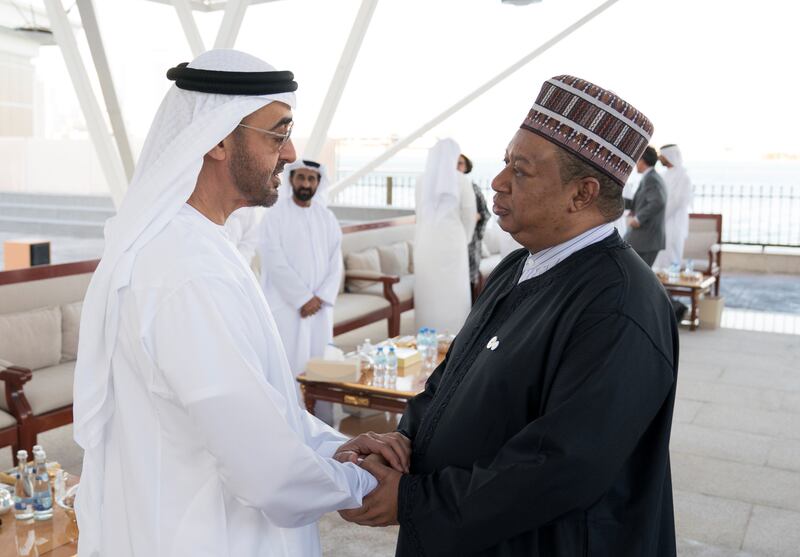 ABU DHABI, UNITED ARAB EMIRATES - November 13, 2017: HH Sheikh Mohamed bin Zayed Al Nahyan Crown Prince of Abu Dhabi Deputy Supreme Commander of the UAE Armed Forces (L), receives HE Mohammad Sanusi Barkindo, Secretary General of OPEC (R), during a Sea Palace barza.

( Hamad Al Kaabi / Crown Prince Court - Abu Dhabi )
---