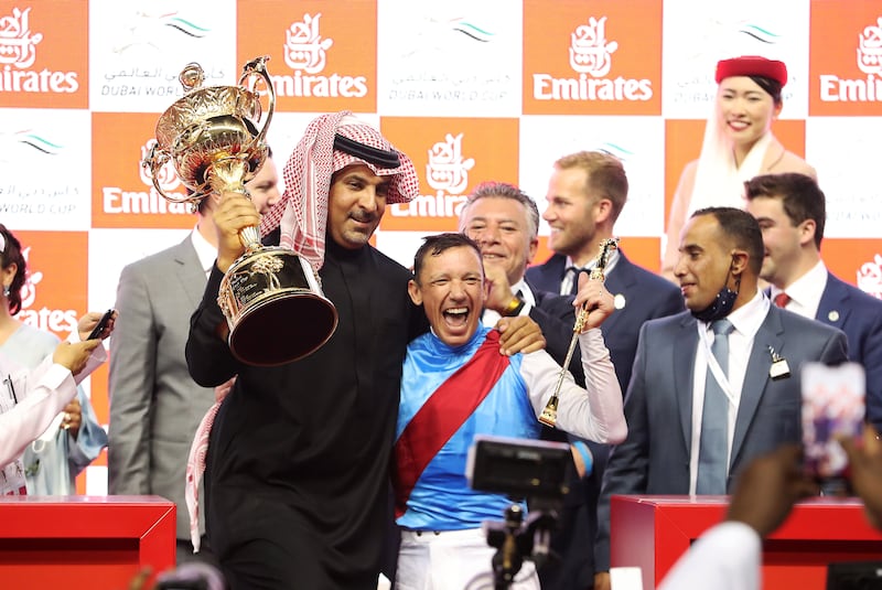 Frankie Dettori celebrates after winning the Dubai World Cup on Country Grammer. Pawan Singh / The National