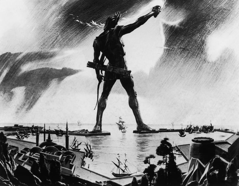 The Colossus of Rhodes. A statue of the Greek sun god Helios, which stood over the harbour of Rhodes in Greece