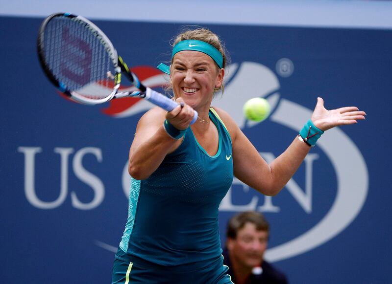 FILE - In this Sept. 3, 2015, file photo, Victoria Azarenka, of Belarus, returns a shot to Yanina Wickmayer, of Belgium, during the second round of the U.S. Open tennis tournament, in New York. Two-time Australian Open champion Victoria Azarenka says her participation in the U.S. Open is in doubt because she might not be able to bring her baby son with her to New York as a result of her separation from the child's father. Azarenka says via a posting on Twitter on Thursday, Aug. 17, 2017, that she is "faced with a difficult situation which may not allow me to return to work right away." (AP Photo/Charles Krupa, File)