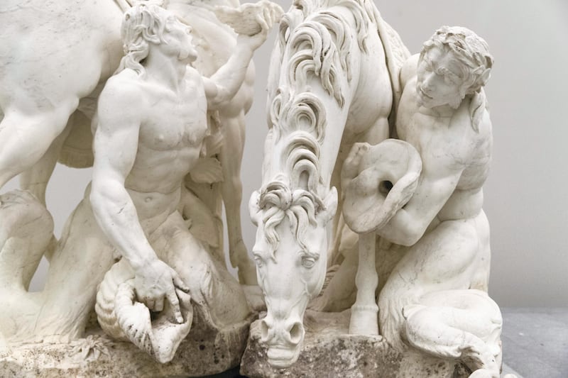 Abu Dhabi, United Arab Emirates, September 12, 2017:    Installation of the, Apollo's horses groomed by two tritons, Gilles Gu��rin, c.1670, statue at the Louvre Abu Dhabi on Saadiyat Island in Abu Dhabi on September 12, 2017. Christopher Pike / The National

Reporter: Nick Leech
Section: News