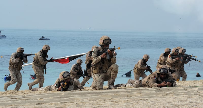 Kuwaiti Marines re-enact the landing at Garouh Island on Tuesday, Jan 25, 2011. Garouh was the first Kuwaiti land liberated from the Iraqi occupying forces who invaded the Emirate during the period of August 2nd, 1990 to February 26th, 1991.The island was liberated in January 25th, 1991 after five hours of battle between coalition forces and Iraqi troops in which the latter were captured and the Kuwaiti flag was raised.(Photo:Gustavo Ferrari/The National)