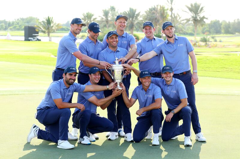 ABU DHABI, UNITED ARAB EMIRATES - JANUARY 15: Francesco Molinari, Captain of Continental Europe holds the Hero Cup with team mates after their victory on Day Three of the Hero Cup at Abu Dhabi Golf Club on January 15, 2023 in Abu Dhabi, United Arab Emirates. (Photo by Andrew Redington / Getty Images)