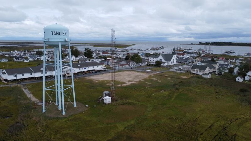 The Tangier Island water tower rises above the tiny village of Tangier, home to only 400 people. 