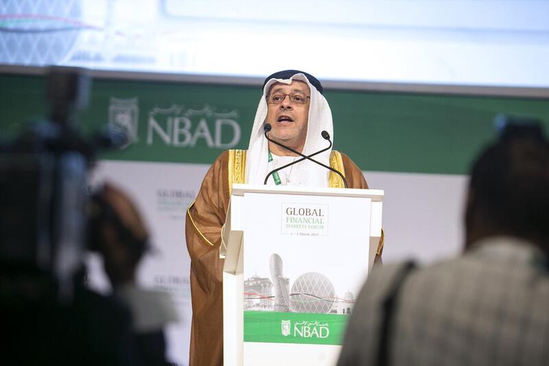 Hussain Al Nowais, the chairman of Senaat, delivers a speech at the opening of Global Financial Markets Forum. Silvia Razgova / The National