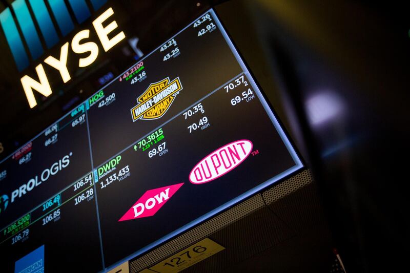 A monitor displays DowDuPont Inc. signage on the floor of the New York Stock Exchange (NYSE) in New York, U.S., on Monday, Aug. 27, 2018. U.S. stocks added to all-time highs, and Mexico's peso rallied versus the dollar as the Trump administration closed a bilateral trade deal with America's southern neighbor. Photographer: Michael Nagle/Bloomberg
