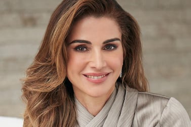 Queen Rania wears a taupe gown by Lebanese-Mexican label Darin Hachem in a portrait to mark her 50th birthday. Instagram / Darin Hachem