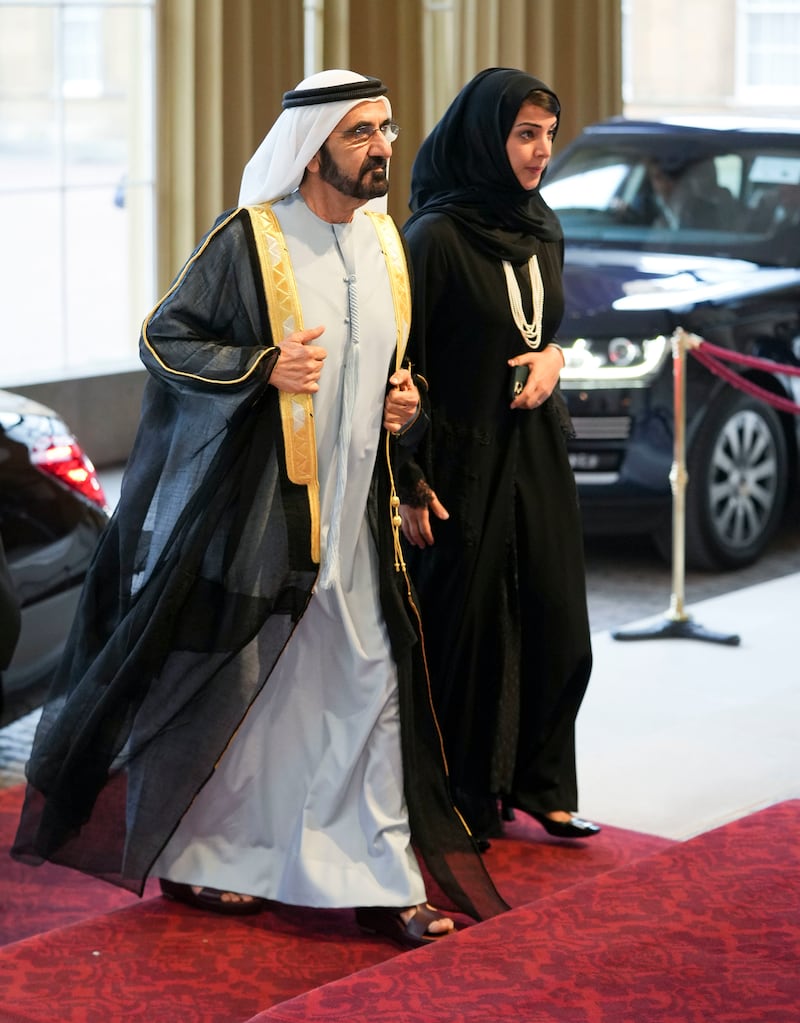 Sheikh Mohammed bin Rashid, UAE Vice President and Ruler of Dubai, arrives for a reception hosted by Britain's King Charles III for heads of state and official overseas guests, at Buckingham Palace in London on Sunday, on the eve of the funeral for Queen Elizabeth II. AP