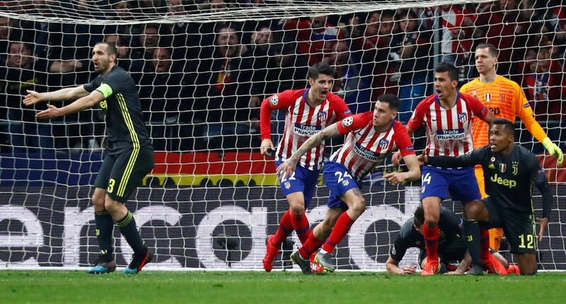 Soccer Football - Champions League - Round of 16 First Leg - Atletico Madrid v Juventus - Wanda Metropolitano, Madrid, Spain - February 20, 2019  Atletico Madrid's Jose Gimenez celebrates scoring their first goal          REUTERS/Juan Medina